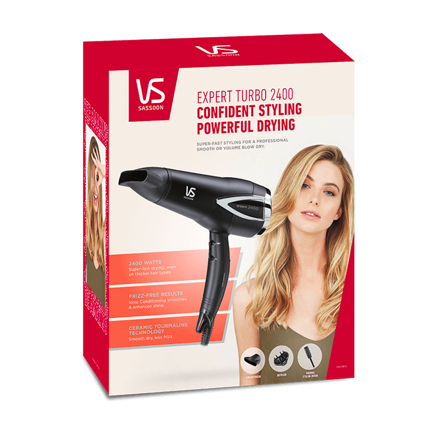 VS Sassoon Expert Turbo 2400 电吹风红色包装盒，盒面印有金发模特和产品功能英文说明。