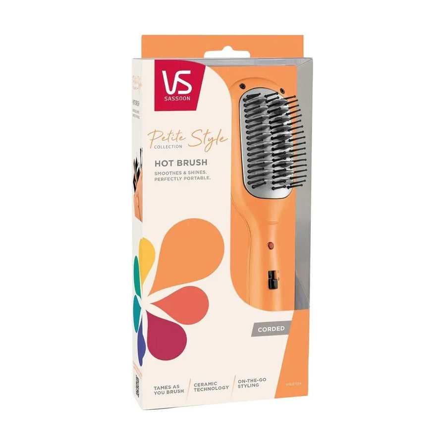 沙宣 Petite Style 系列温控造型梳产品包装盒正面图，包含品牌 Logo 与产品特性说明。