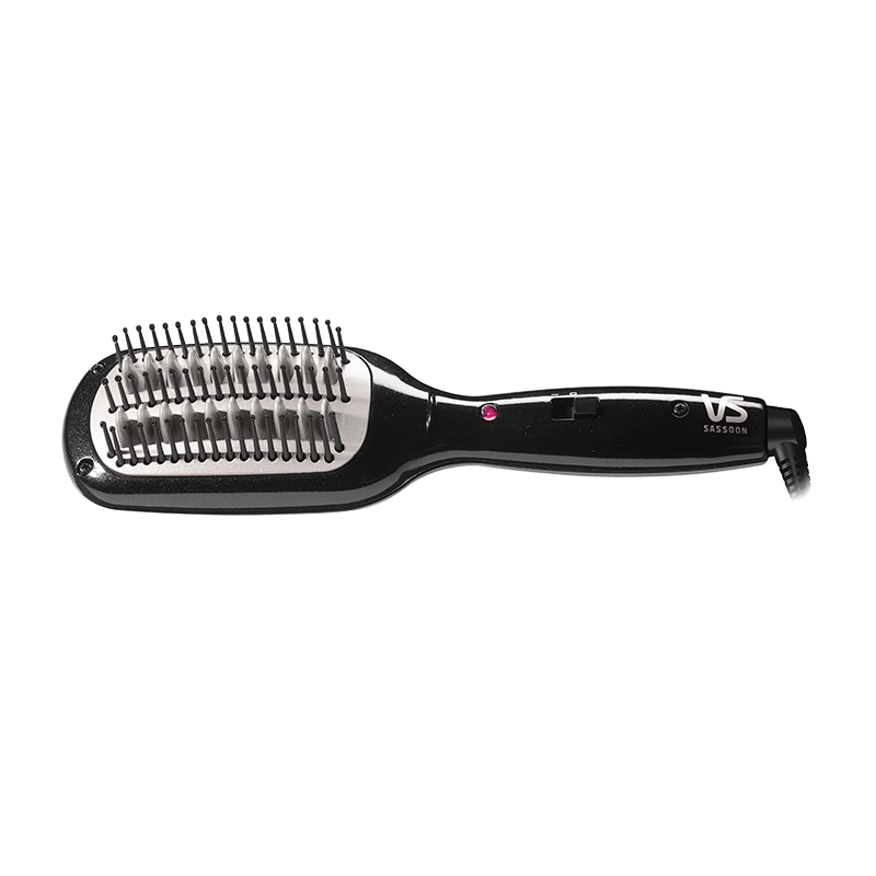 VS Sassoon Mini Pro 直发梳正面特写，黑色机身搭配银色气垫梳齿，手柄处可见品牌 Logo 与红色指示灯。