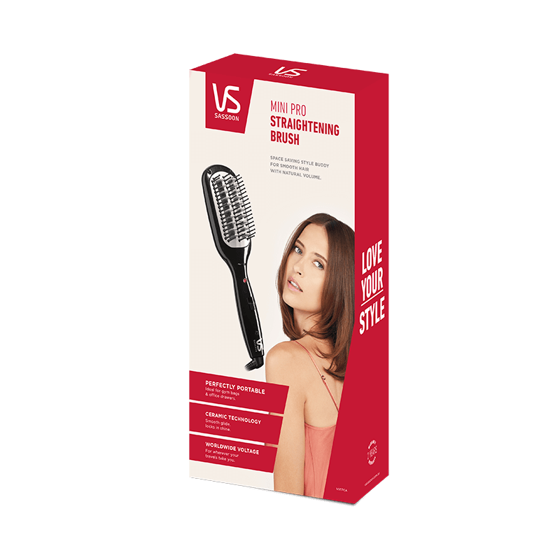 VS Sassoon Mini Pro 直发梳红白配色包装盒，盒面印有产品实物图、模特展示及英文卖点说明。