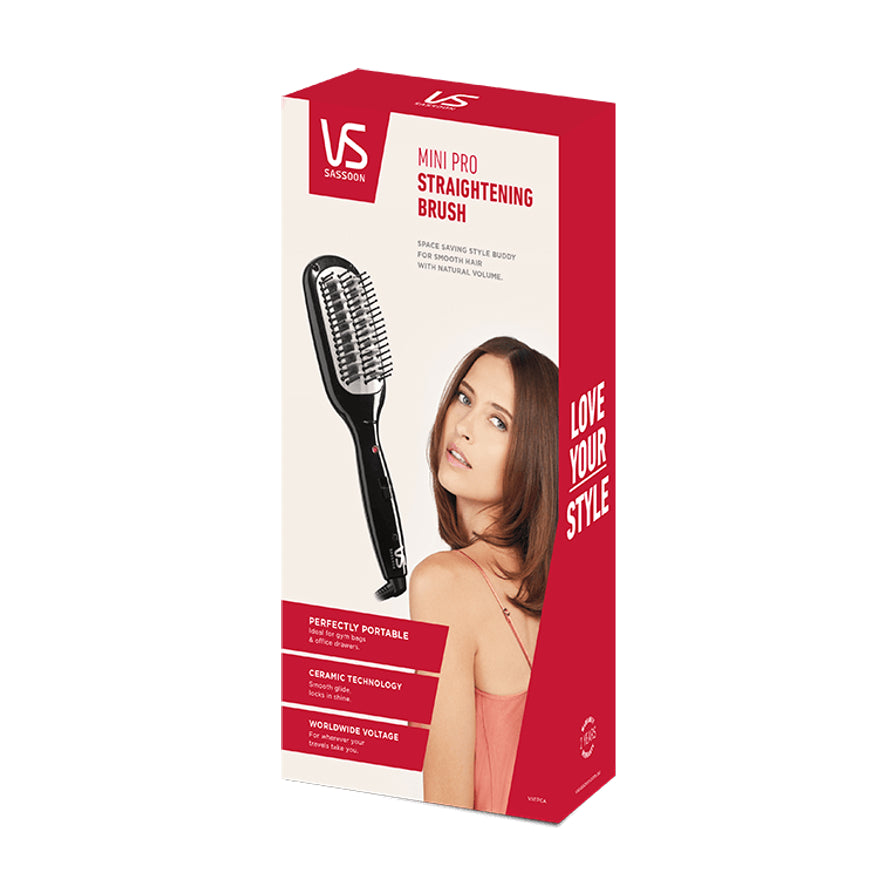VS Sassoon Mini Pro 直发梳红色包装盒正面图，印有模特发型效果及产品特性说明。