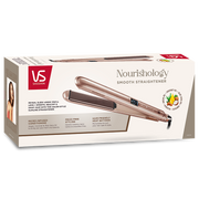 沙宣 Nourishology 系列直发棒产品包装盒正面展示，包含品牌 Logo、产品名称及护发成分说明。
