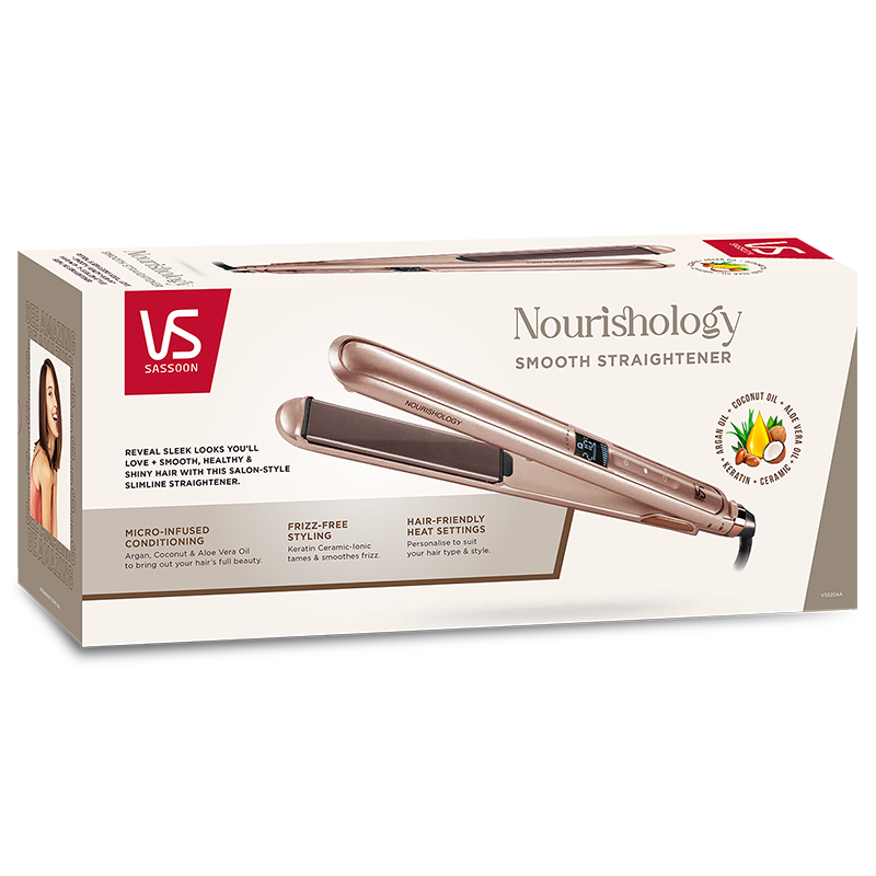 沙宣 Nourishology 系列直发棒产品包装盒正面展示，包含品牌 Logo、产品名称及护发成分说明。