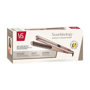 VS Sassoon Nourishology 负离子直发棒产品包装盒正面展示，包含品牌 Logo 与护发成分说明。