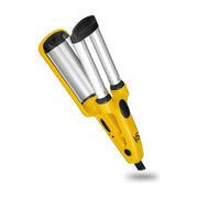 沙宣 VS Sassoon 黄色三管卷发器特写，展示银色陶瓷釉加热管和黑色开关细节。