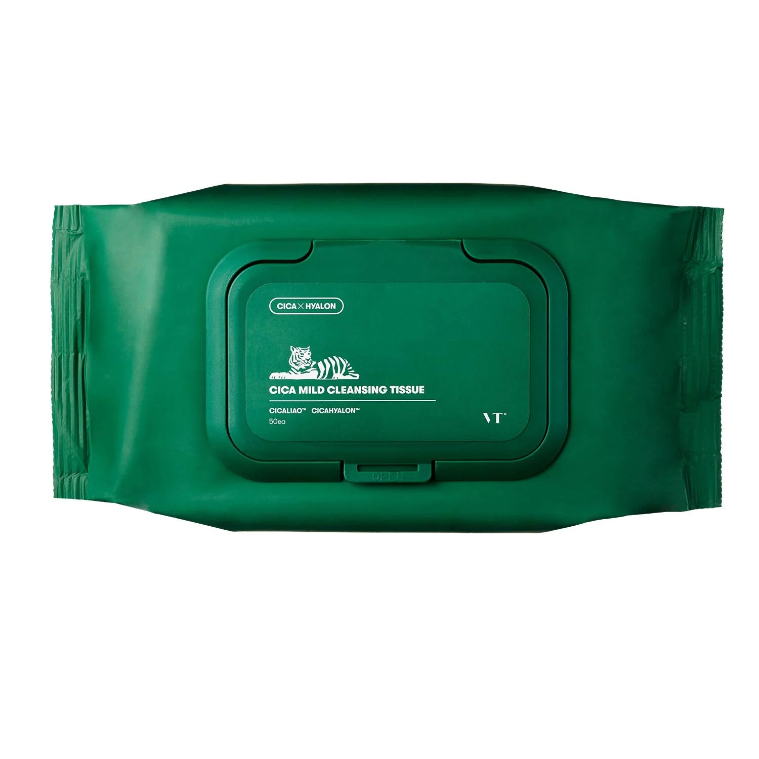 VT 积雪草卸妆湿巾包装正面图，白色袋身印有品牌与产品信息