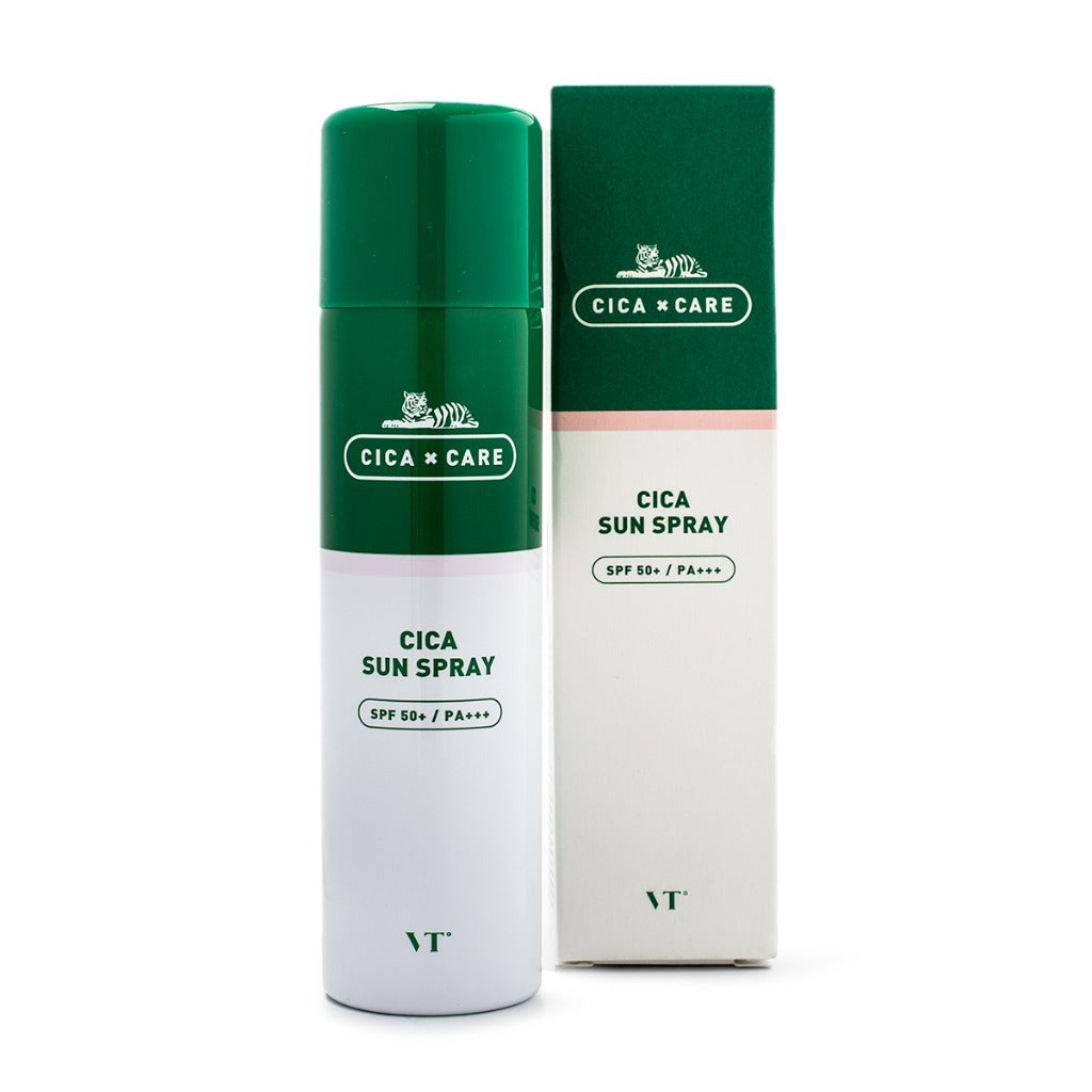 VT 积雪草防晒喷雾瓶身正面图，白色简约包装展示 SPF50+ 标识