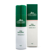 VT 积雪草防晒喷雾瓶身正面图，白色简约包装展示 SPF50+ 标识