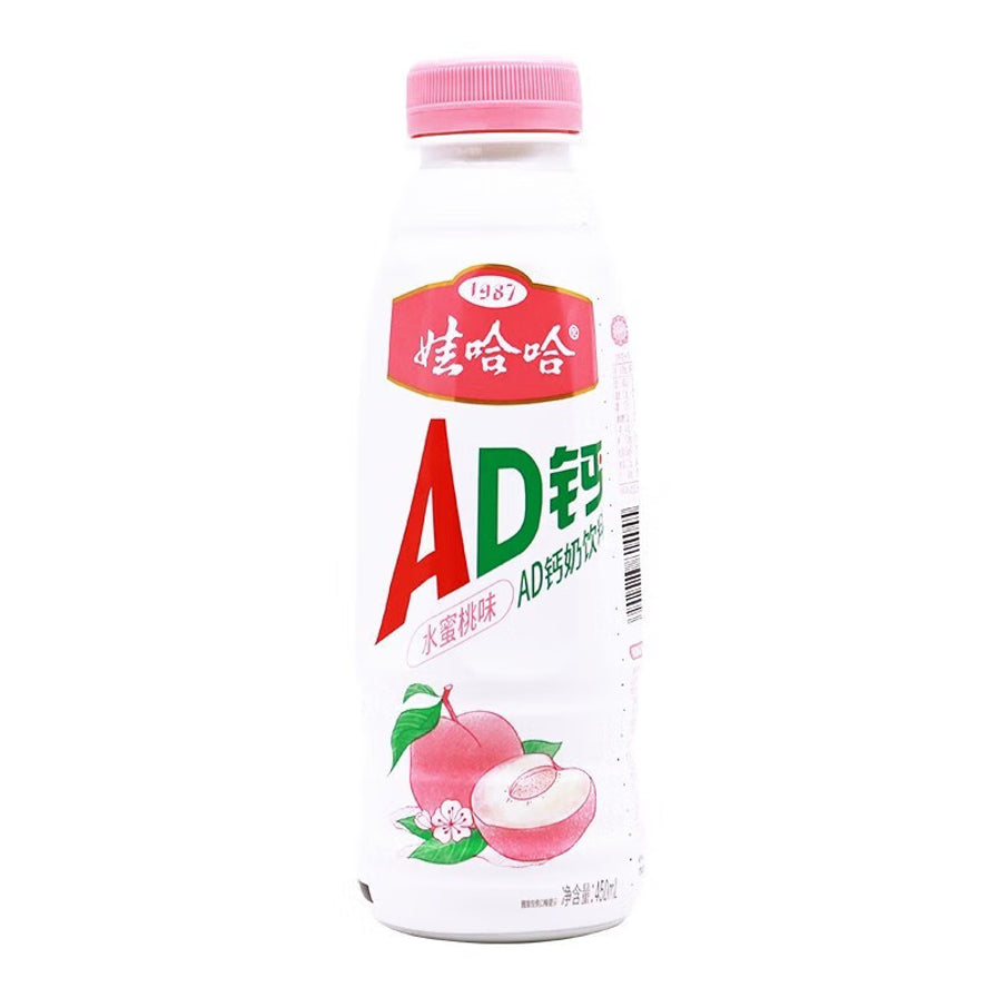 娃哈哈AD钙奶450ml大瓶装水蜜桃味单瓶，粉色瓶盖，瓶身印有水蜜桃图案。