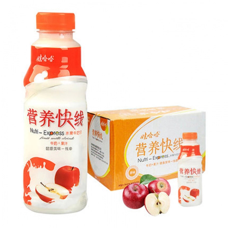 哇哈哈营养快线原味单瓶与整箱包装展示，橙色礼盒装。