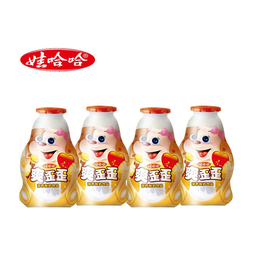 娃哈哈爽歪歪营养酸奶饮品，四瓶排装，白色背景，瓶身印有卡通形象和爽歪歪字样，左上角有娃哈哈品牌标志。