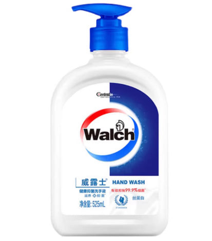 威露士 Walch 滋养抑菌洗手液 525ml 正面展示，白色瓶身配蓝色泵头，标签含中英文说明。