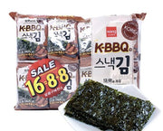 Wang 韩国 K - BBQ 烤肉味脆海苔独立小包装正面图，金黄酥脆的韩式零食