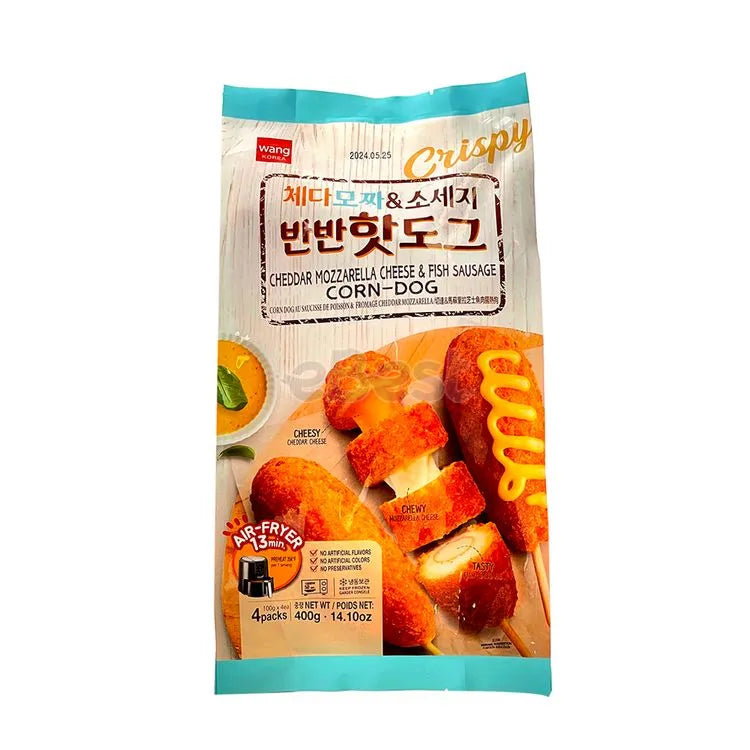Wang Korea 双重芝士鱼肠热狗包装正面，展示 4 只装冷冻小吃外观