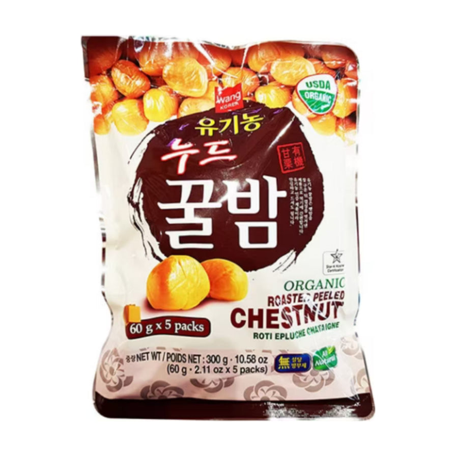 Wang Korea 韩国特级炒板栗肉包装正面图，显示有机认证标识、免剥皮即食甘栗仁图片，规格为300克内含5小包。