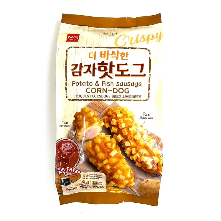 Wang Korea 脆皮薯条鱼肠热狗包装正面，400g 含 4 支，外裹真实土豆丁的冷冻韩式零食