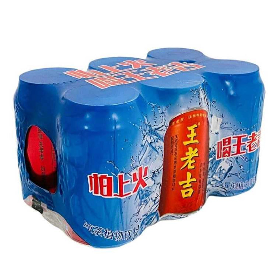 王老吉凉茶植物饮料6罐超值组，蓝色塑封包装，印有怕上火喝王老吉字样。