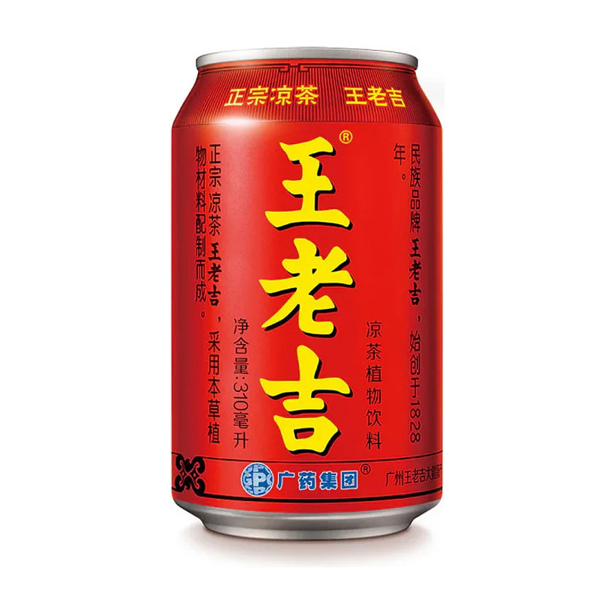 王老吉凉茶植物饮料310ml单罐装，红色罐身印有黄色王老吉字样及正宗凉茶标识。