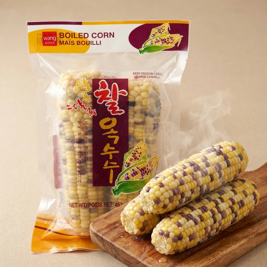 加热后的韩式彩虹糯玉米特写，展示软糯质感与紫白黄相间的玉米粒