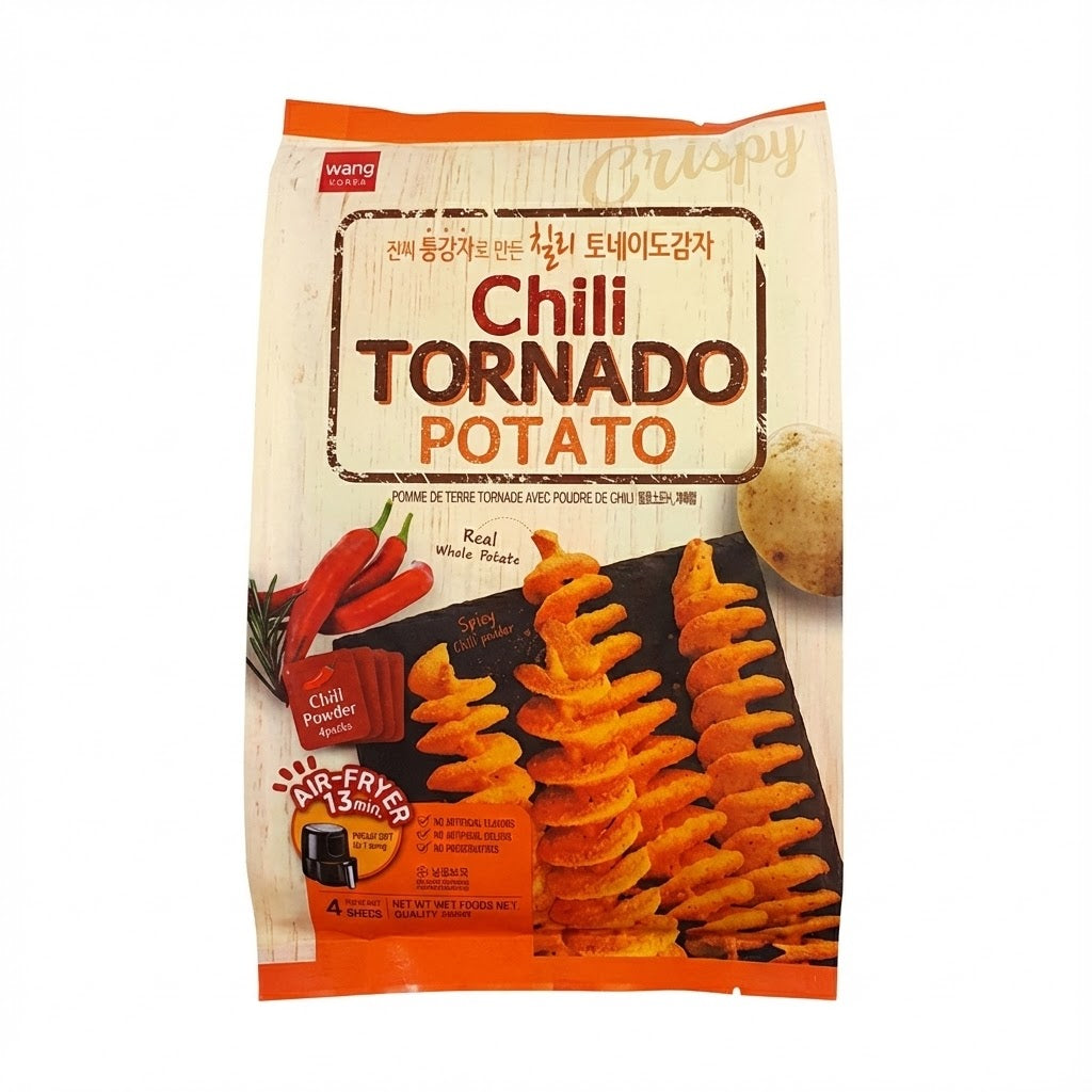 韩国 Wang 香辣味旋风土豆串，红色调味粉均匀包裹，空气炸锅成品展示。