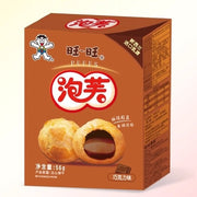 旺旺泡芙巧克力味包装正面，展示棕色系设计与产品实物图