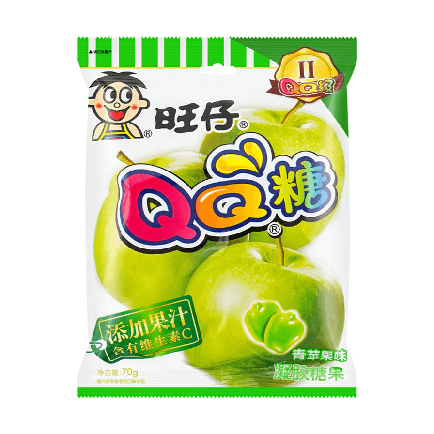 旺旺旺崽QQ糖青苹果味包装，绿色调设计，背景为青苹果图案，标注添加果汁及维生素C。