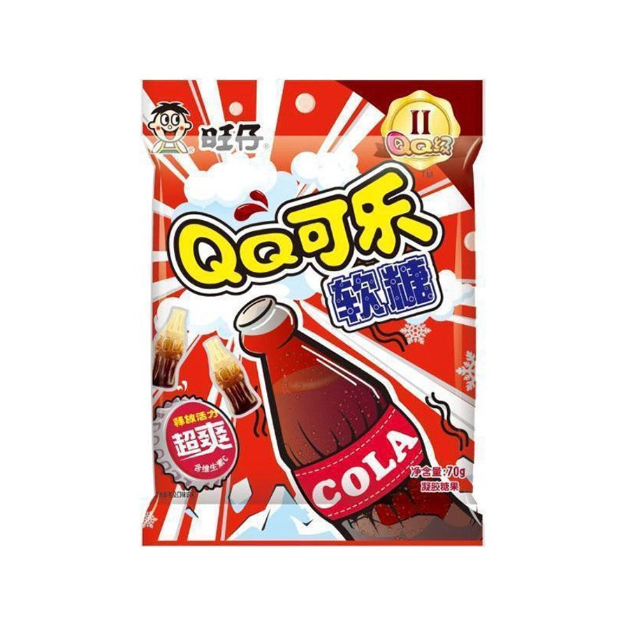 旺旺旺崽QQ糖可乐味包装，深红色背景印有可乐瓶和冰块图案，标注超爽口感。