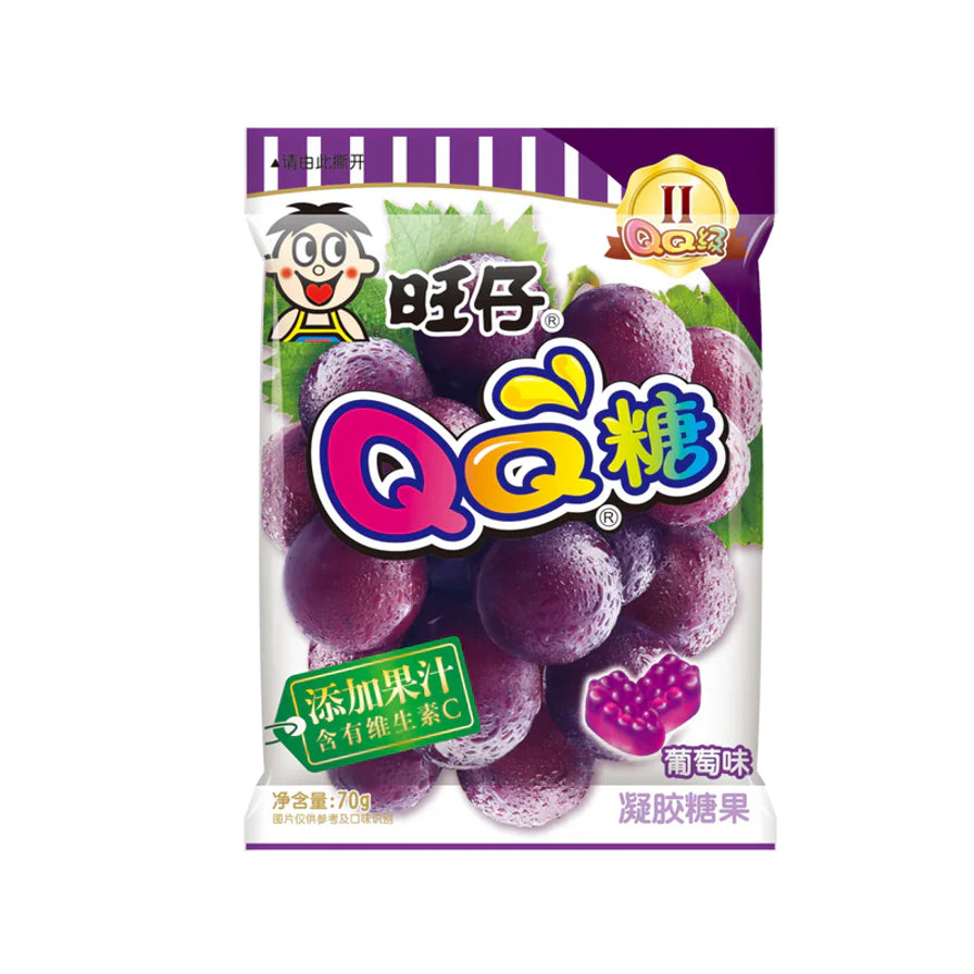 旺旺旺崽QQ糖葡萄味包装，紫色调设计，背景为多汁葡萄图案，标注添加果汁及维生素C。