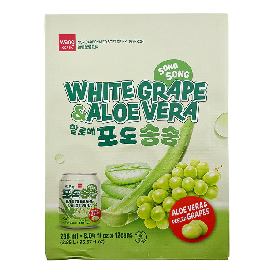 韩国WANG葡萄味芦荟饮料整箱包装外观，显示12罐装规格，包装盒印有新鲜青葡萄、芦荟切片及单罐产品图。