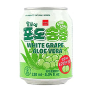 韩国WANG品牌葡萄味芦荟饮料238毫升罐装，包装印有青葡萄和芦荟图案，标有White Grape & Aloe Vera字样。