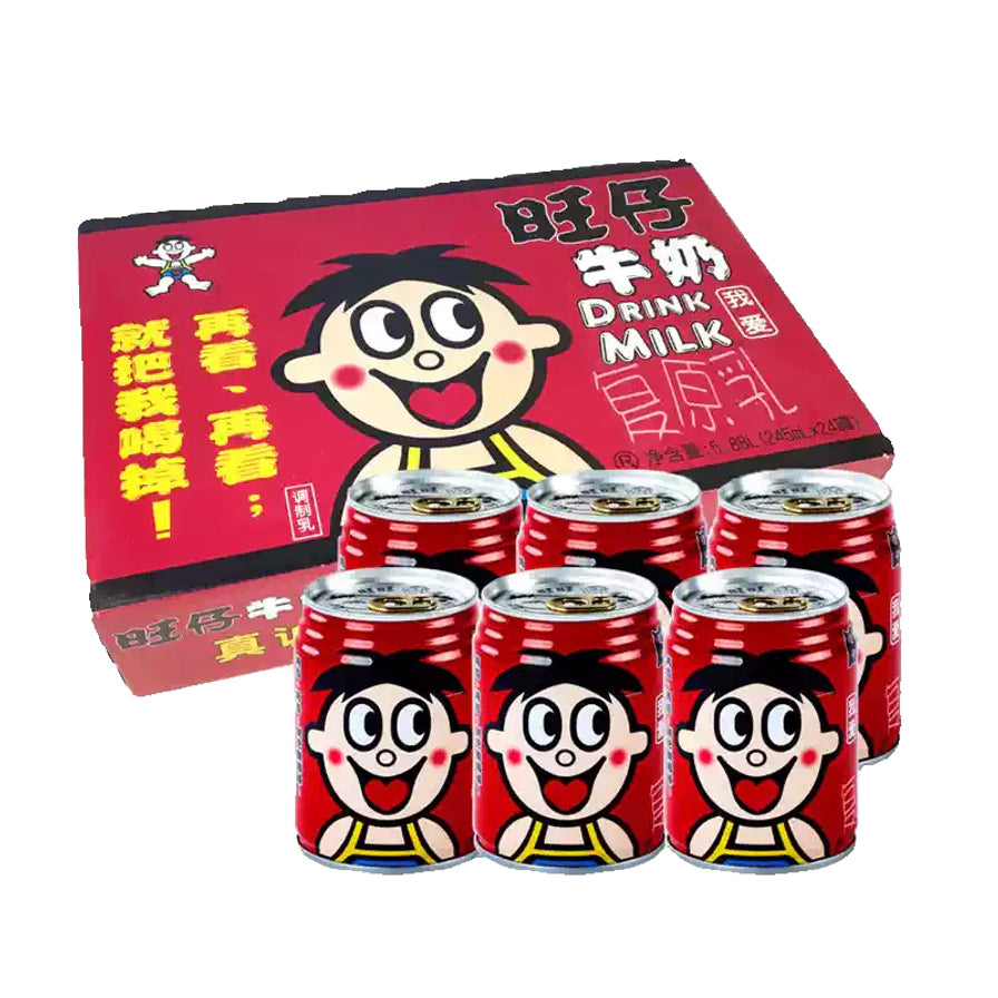 旺仔牛奶整箱装展示，包含红色纸质包装箱及前方摆放的六罐红色铁罐，包装上印有“再看我就把你喝掉”经典标语。