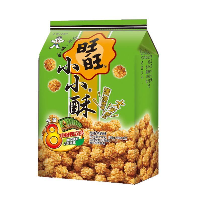 旺旺小小酥葱香鸡肉味独立小包，撒有调味粉的酥脆米果特写