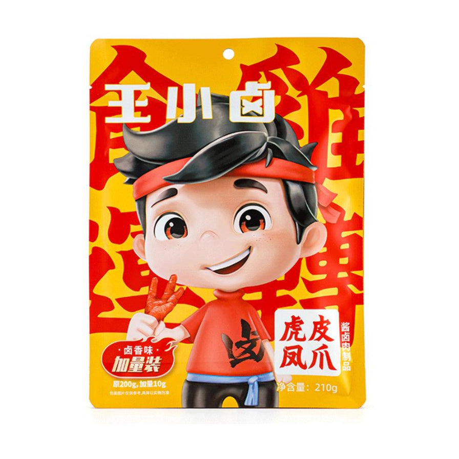 王小卤虎皮凤爪210g卤香味包装正面图，黄色背景印有卡通人物形象，标注加量装及净含量210g。