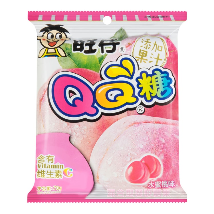 旺仔 QQ 软糖水蜜桃味产品图，粉嫩包装唤起童年甜蜜回忆。