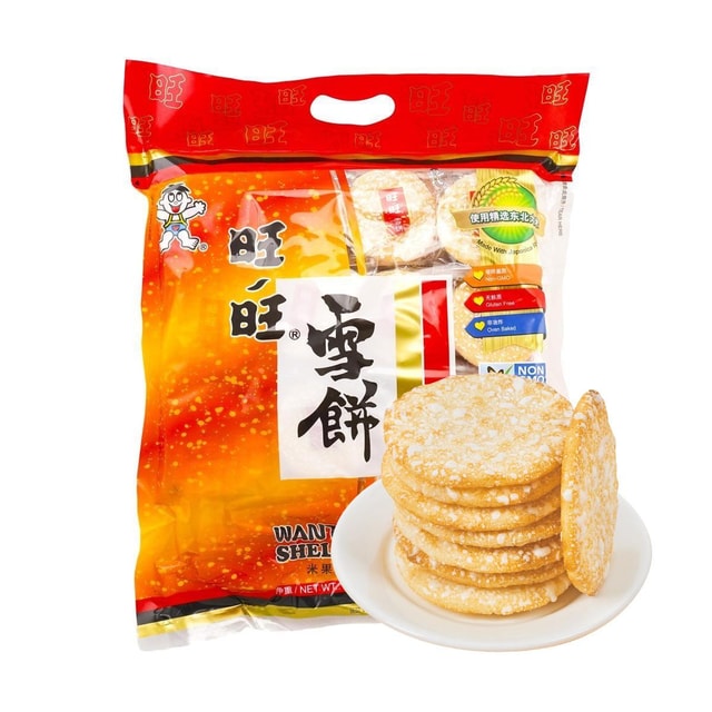 旺旺雪饼产品细节图，展示酥脆米果质地与包装外观