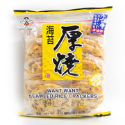 旺旺海苔厚烧米果 160g 包装正面图，展示非油炸膨化零食外观