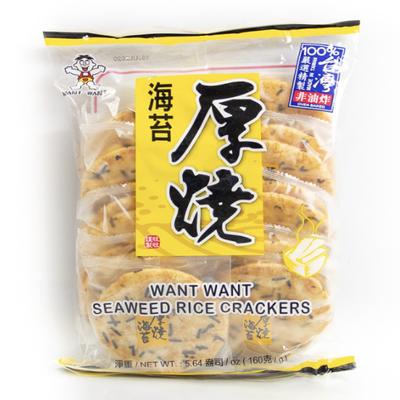 旺旺海苔厚烧米果 160g 包装正面图，展示非油炸膨化零食外观