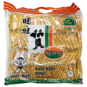 旺旺仙贝米果包装正面图，展示经典咸香风味与非油炸烘焙工艺