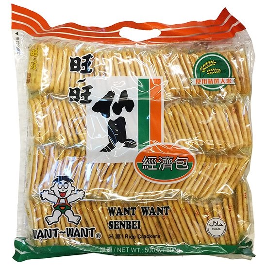 旺旺仙贝米果包装正面图，展示经典咸香风味与非油炸烘焙工艺