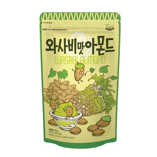 芥末味扁桃仁君独立小包装正面，绿色调包装设计