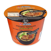 味丹一番 Ichiban 碗装速食面烤猪肉味，橙色包装，展示了包含猪肉片、青菜和胡萝卜的泡面成品图，标注2分钟即食。