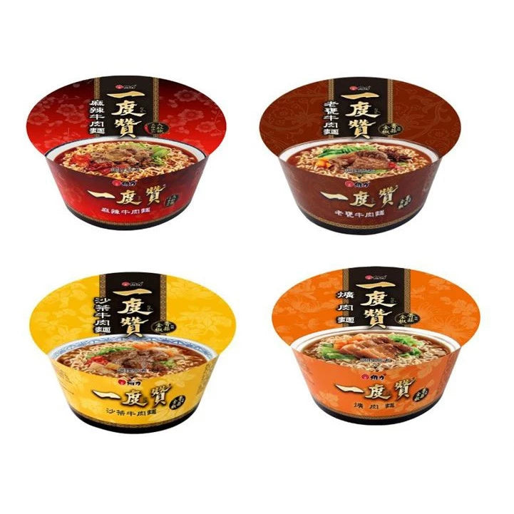 维力一度赞四盒特惠装碗面组合，包含多种口味的方便面包装展示。