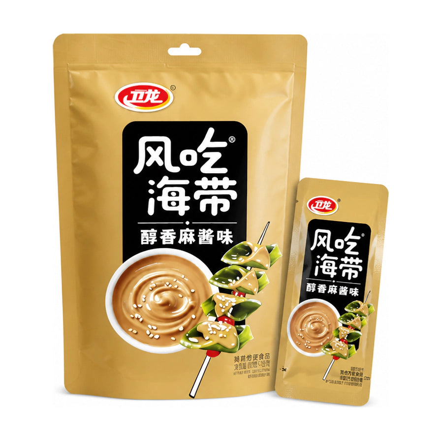 白色背景上展示的卫龙风吃海带醇香麻酱味大包装袋和独立小包装，包装上印有麻酱蘸料和海带串的图案。