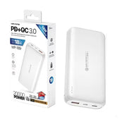 WEKOME WP - 187 白色移动电源及其包装盒，展示了18W快充、PD+QC3.0协议及10000mAh容量标识。