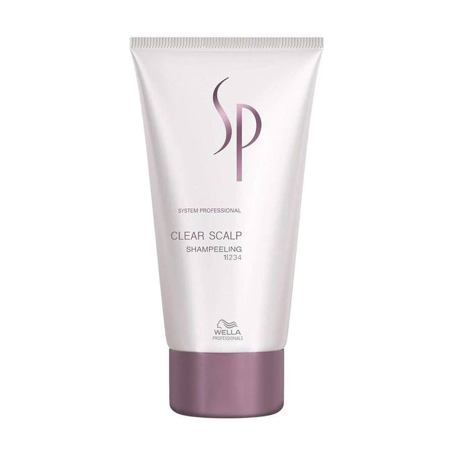 Wella 威娜 SP 专门头皮清洁款 150ml 软管包装正面图，白色瓶身配紫色瓶盖，印有 SP 标志和 Clear Scalp Shampeeling 字样。