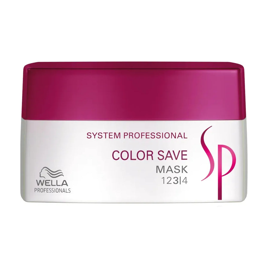Wella SP Color Save Mask 产品正面图，白色瓶身配紫红色盖子，展示品牌 Logo 与产品名称。