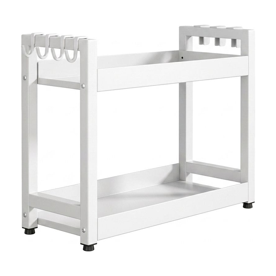 白色双层厨房调料收纳架，50cm宽度设计，侧边带有挂钩，纯白背景展示。