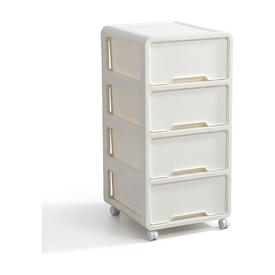 白色四层抽屉式收纳柜正面图，底部带有万向轮，背景为纯白色。