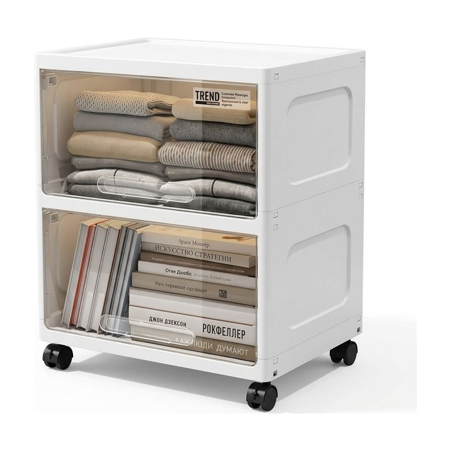 透明白色两层翻盖床头柜正面图，带万向轮，上下层分别收纳折叠衣物和书籍。