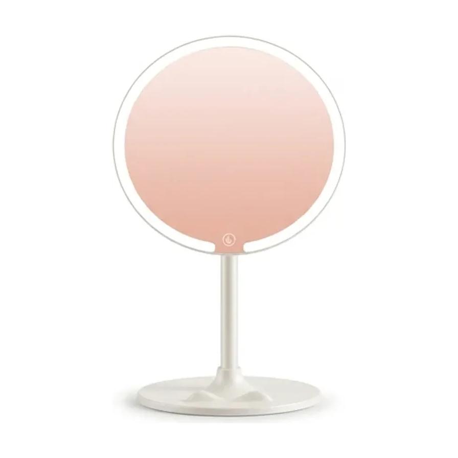 白色日式 LED 化妆镜正面图，展示圆形镜面、环形柔光灯带及底座触控开关。